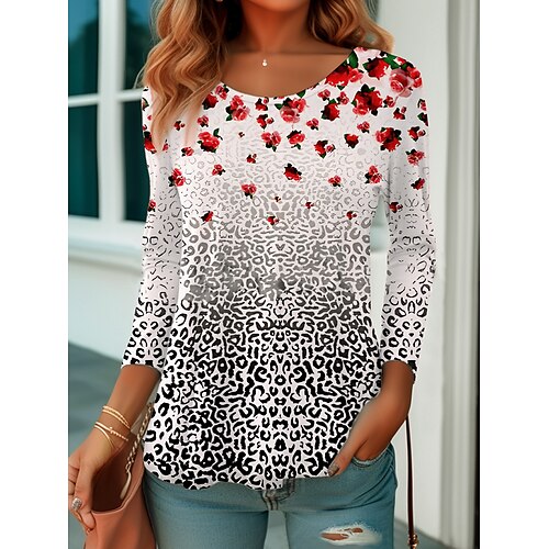 

Mulheres Camiseta Branco Leopardo Floral Imprimir Manga Longa Diário Final de semana Moda Decote Redondo Normal Tema Flores Pintura Primavera Outono