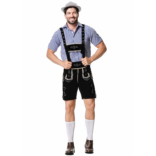  Μπύρα Oktoberfest Στολές Lederhosen Πουκάμισο βαυάρος βαυάρος Γερμανικά Λιβάδια Ανδρικά Πανί παραδοσιακού στυλ Μπλούζα Κοντά Παντελονάκια Καπέλο