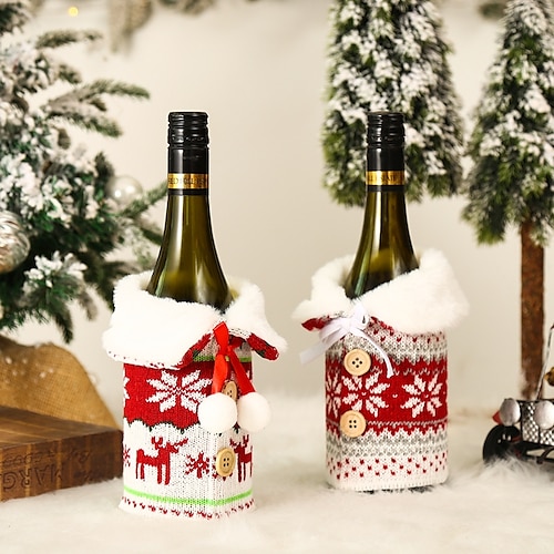 

Christmas Tree Snowflake Deer Pattern Wine Bottle Cover Single Breasted Plush Lining Ornament