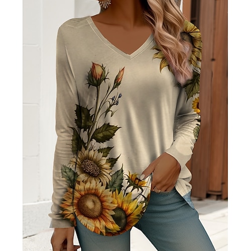 

Damen T Shirt Beige Blumen Bedruckt Langarm Festtage Wochenende Modisch V Ausschnitt Regular Fit Blume Farbe Frühling Herbst