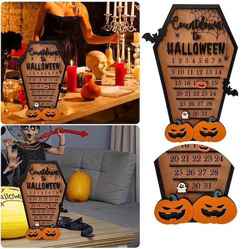 

Halloween Advent Calendar Wooden Countdown To Christmas Decor Horror Ornaments Ghost Design for Indoor Home Party Decoration Tombstone Shaped Decorative Halloween DIY Movable Pumpkin Bat Ornament