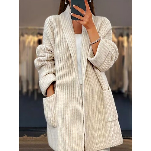 

Women's Cardigan Sweater Open Front Ribbed Knit Acrylic Pocket Fall Winter Long Daily Going out Weekend Stylish Casual Soft Long Sleeve Solid Color Pink Camel Beige S M L