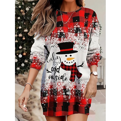 

femme noël tenue décontractée sweat robe mini robe chaud mode extérieur vacances col rond imprimé géométrique bonhomme de neige coupe ample rouge bleu orange s m l xl xxl