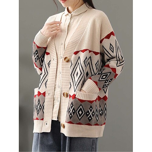 

Women's Cardigan Sweater Jumper Ribbed Knit Regular Patchwork Button Geometric V Neck Stylish Casual Daily Going out Fall Winter off white Blue One-Size