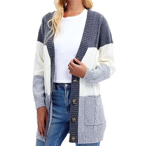 

Damen Strickjacke Strickwaren Gerippt Stricken Kurz Patchwork Taste Farbblock Öffnung vorne Stilvoll Brautkleider schlicht Outdoor Täglich Herbst Winter Schwarz Hellgrau Armeegrün S