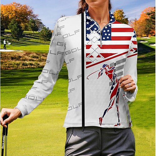 

Women's Polo Shirt Golf Shirt Breathable Quick Dry Moisture Wicking Long Sleeve Golf Apparel Golf Clothes Regular Fit Zipper Stand Collar Flag Spring Autumn Tennis Golf Pickleball