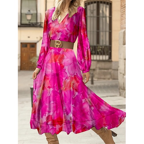 

Mujer Vestido de Fiesta Vestido Cóctel Vestido Invitada Boda Vestido Midi Fucsia Manga Larga Floral Estampado Primavera Otoño Invierno Escote en Pico Moda Invitado a la boda Vacaciones 2023 S M L XL