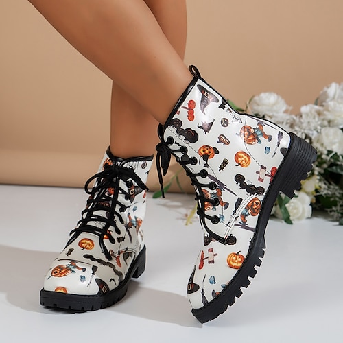 

Femme Bottes Bottes de Combat Grandes Tailles Imprimer des chaussures Halloween du quotidien Bottines Bottines Plateau Talon Plat Décontractées Confort Polyuréthane Lacet Floral Noir Blanche Rouge