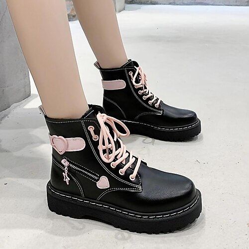

Damen Stiefel Plateaustiefel Springerstiefel Schnürstiefel Party Outdoor Täglich Stiefeletten Stiefeletten Schnalle Plattform Blockabsatz Runde Zehe Punk Modisch Gothic PU Schnürsenkel Schwarz