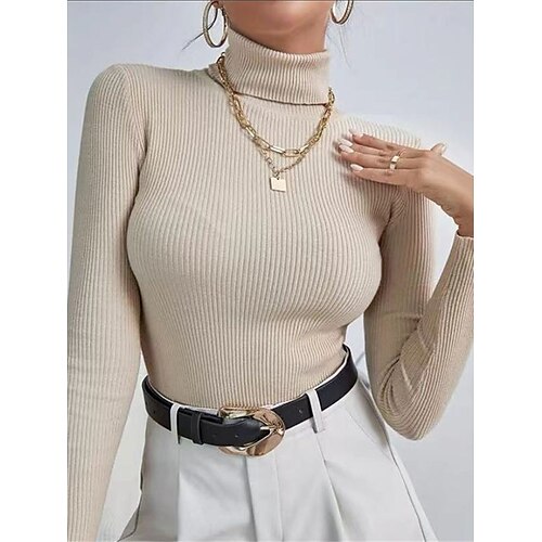 

Women's Pullover Sweater Jumper Jumper Ribbed Knit Short Oversized Solid Color Turtleneck Stylish Casual Daily Going out Fall Winter Black White S M L