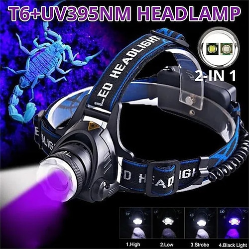 

2 In 1 LED Headlight UV White Light Use 2x 18650 Zoom 4 Mode Ultraviolet 395nm Check Black Light Waterproof Headlamp USB Rechargeable Camping Head Light For Fishing Hunting(Choose to Buy Only Headla