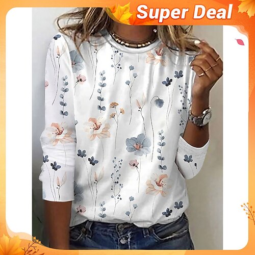 

Mujer Camiseta Blanco Amarillo Rosa Floral Estampado Manga Larga Festivos Fin de semana Básico Escote Redondo Ajuste regular Flor Pintura Otoño invierno