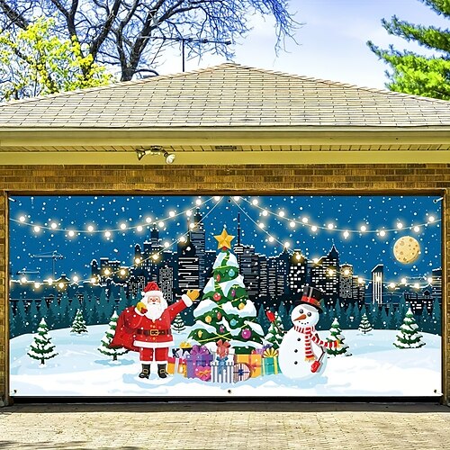 

Couverture de porte de garage extérieure de noël, bannière de noël, père noël, bonhomme de neige, grande décoration de fond de noël pour vacances, porte de garage extérieure, décorations murales de