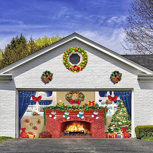 

Cubierta de puerta de garaje al aire libre de Navidad, pancarta, chimenea, casa del árbol, telón de fondo de Navidad grande, decoración para vacaciones, puerta de garaje al aire libre, decoraciones de