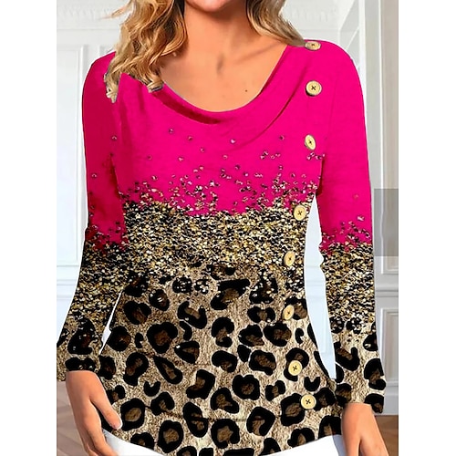 

Damen T Shirt Schwarz Rosa Rote Graphic Leopard Farbverläufe Taste Bedruckt Langarm Täglich Wochenende Modisch Rundhalsausschnitt Regular Fit Farbe Frühling Herbst