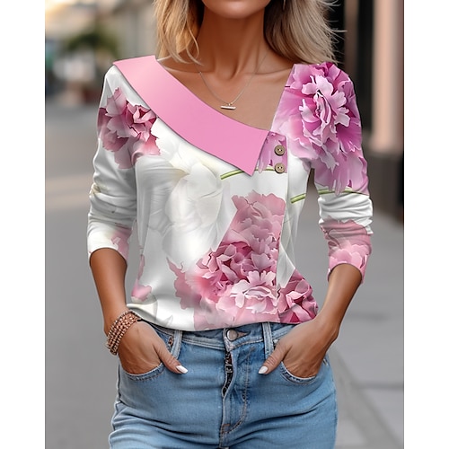 

Women's T shirt Tee Pink Blue Floral Button Print Long Sleeve Daily Weekend Fashion V Neck Regular Fit Floral Painting Spring Fall