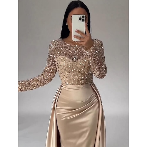 

Mermaid Sequin Gold Dresses Evening Gown Ruched Satin Dress Long Sleeves Floor Length Sparkle Illusion Neck Prom Wedding Guest Dress with Pearls Overskirt dress to impress 2024