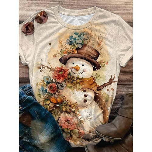 

Women's T shirt Tee Christmas Shirt White Yellow Red Snowman Santa's Helper Print Short Sleeve Christmas Weekend Festival / Holiday Christmas Round Neck Regular Fit Painting Summer