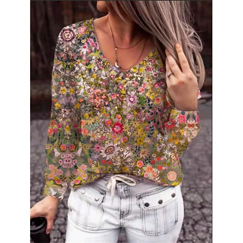 

Femme T shirt Tee Jaune Rose Claire Bleu Floral Imprimer manche longue Vacances Fin de semaine Mode Col V Standard Fleur Peinture Printemps Automne