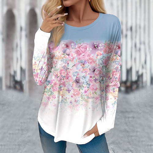 

Mujer Camiseta Rosa Azul Piscina Morado Floral Estampado Manga Larga Festivos Fin de semana Moda Escote Redondo Ajuste regular Flor Pintura Primavera Otoño