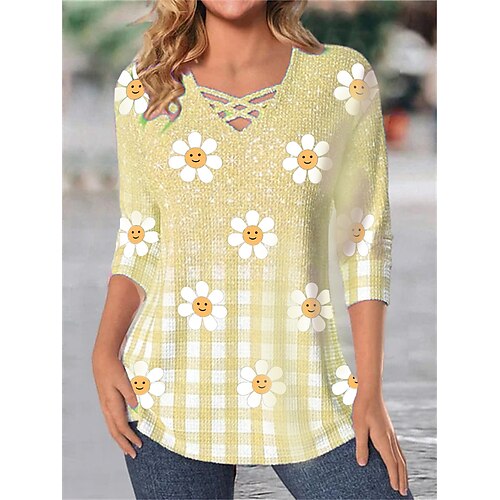 

Mujer Camiseta Amarillo Rosa Azul Piscina Floral Plaid Estampado Manga Larga Festivos Fin de semana Moda Escote en Pico Ajuste regular Flor Pintura Primavera Otoño