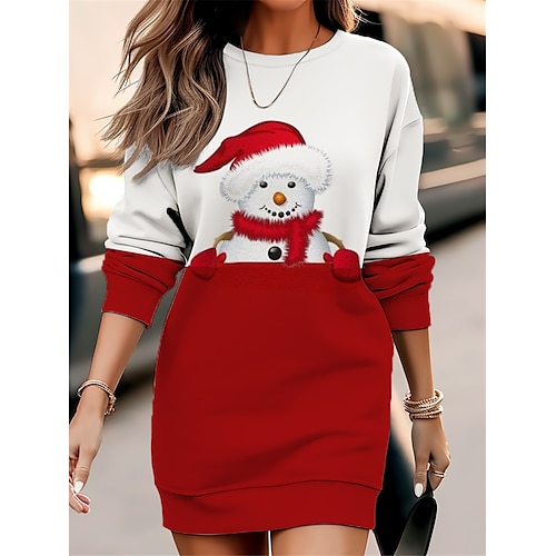 

femme Noël tenue décontractée robe sweat mini robe chaud mode extérieur vacances col rond imprimé bonhomme de neige coupe ample rouge marron vert s m l xl xxl