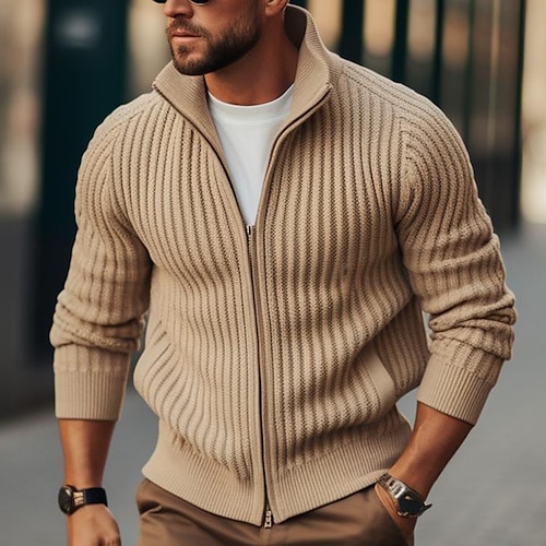 

Men's Cardigan Cropped Sweater Cardigan Sweater Zip Sweater Ribbed Knit Regular Knitted Plain Stand Collar Warm Ups Modern Contemporary Daily Wear Going out Clothing Apparel Winter Black khaki M L XL