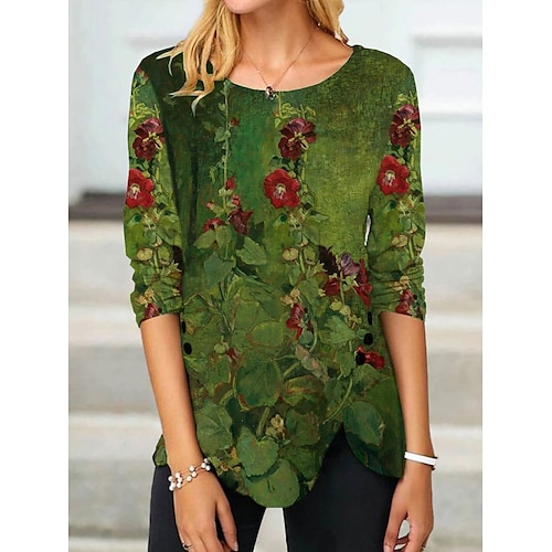 

Women's T shirt Tee Green Floral Print Long Sleeve Holiday Weekend Basic Round Neck Regular Fit Floral Painting Spring Fall