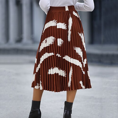 

Women's Skirt Swing Midi Art Print Black Brown Khaki Skirts Fall Winter Pleated High Waist Fashion Casual Street Daily S M L