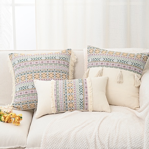 

Funda de almohada étnica jacquard con borlas, casa de campo bohemia de color pastel para sala de estar, dormitorio, sofá