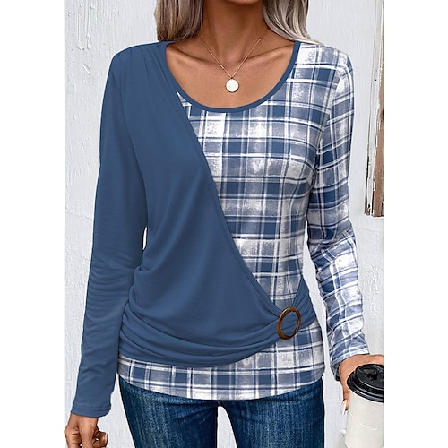 

Damen T Shirt Blau Plaid Bedruckt Langarm Täglich Wochenende Modisch Rundhalsausschnitt Regular Fit Farbe Frühling Herbst