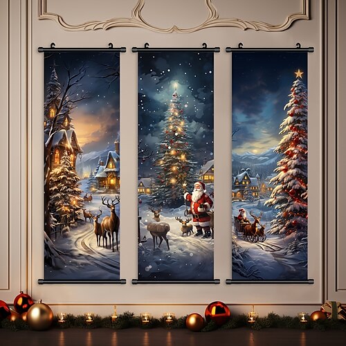 

1pc affiche de noël avec cintres noël père noël et cerf nuit enneigée affiche chapeau cloche ornement pour chambre peinture toile affiches art pour la maison salon décoration mur art décor