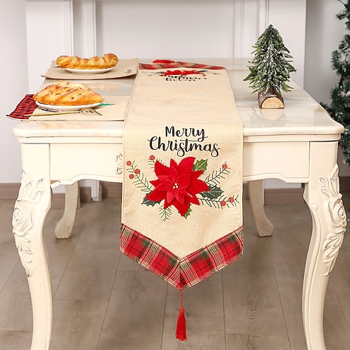 

Corredor de mesa de natal vermelho com floco de neve branco, decoração sazonal de festa de natal de inverno decoração de cozinha para casa e feriado