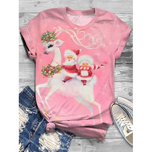 

Femme T shirt Tee Chemise de Noël Blanche Rose Claire Vert père Noël Imprimer Manche Courte Noël Fin de semaine Fête / Célébration Noël Col Rond Standard Peinture Eté