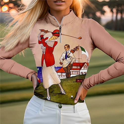 

Femme T-shirt POLO Chemise de golf Respirable Séchage rapide Evacuation de l'humidité manche longue Vêtements de golf Top Standard Zippé Col Montant Imprimé Printemps Automne Tennis Le golf Pickleball