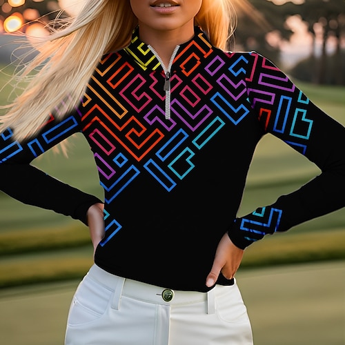 

Mulheres Camisa polo de caminhada Camisa de golfe Respirável Secagem Rápida Pavio Humido Manga Longa Vestuário de golfe Roupas de golfe Normal Zíper Colarinho Alto Estampado Primavera Outono Tênis