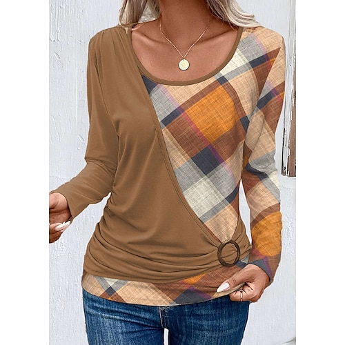 

Mujer Camiseta Marrón Plaid Estampado Manga Larga Diario Fin de semana Moda Escote Redondo Ajuste regular Pintura Primavera Otoño