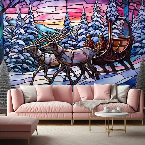 

Weihnachten rosa hängende Tapisserie Buntglas Rentierschlitten Wandkunst große Tapisserie Wandbild Dekor Foto Hintergrund Decke Vorhang Zuhause Schlafzimmer Wohnzimmer Dekoration