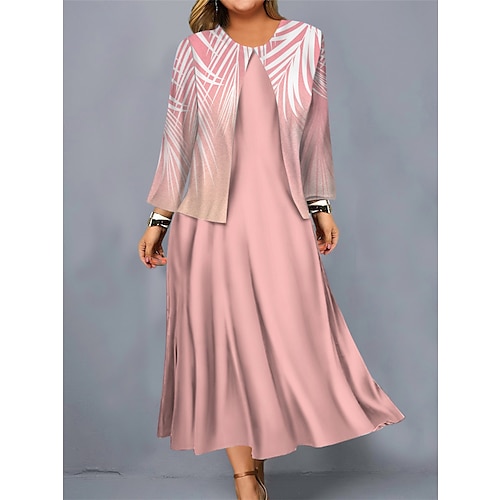 

Women's Plus Size Curve Casual Dress Dress Set Two Piece Dress Leaf Midi Dress Long Sleeve Print Crew Neck Mature Outdoor Pink Blue Fall Winter L XL XXL 3XL 4XL