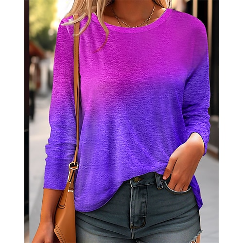 

Damen T Shirt Rosa Purpur Orange Farbverläufe Bedruckt Langarm Täglich Wochenende Modisch Rundhalsausschnitt Regular Fit Farbe Frühling Herbst