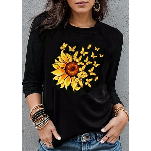 

Women's T shirt Tee Black White Yellow Butterfly Print Long Sleeve Holiday Weekend Fashion Round Neck Regular Fit Floral Painting Spring Fall