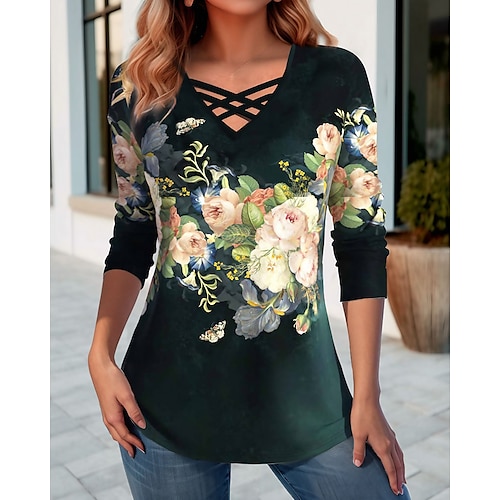 

Damen T Shirt Grün Blumen Bedruckt Langarm Festtage Wochenende Modisch V Ausschnitt Regular Fit Blume Farbe Frühling Herbst