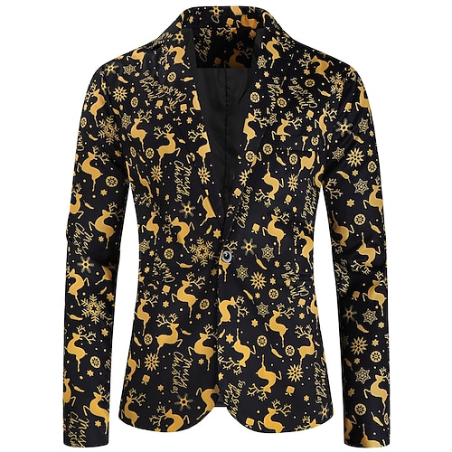 Men's Christmas Ugly Party Blazer Funny Jacket Elk Printing for Xmas Dinner Prom Holiday Plus Size Black 2023