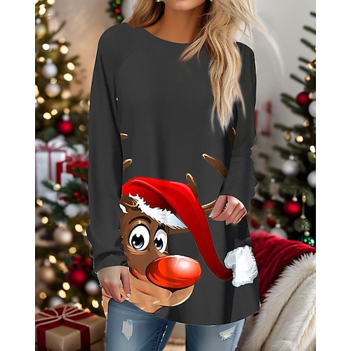 

Damen T Shirt Weihnachts-Shirt Schwarz Rote Braun Leopard Lippe Rentier Bedruckt Langarm Weihnachten Wochenende Fest / Feiertage Weihnachten Rundhalsausschnitt Regular Fit Farbe Frühling Herbst