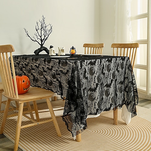 

Toalha de mesa de renda para decoração de halloween, toalha de mesa com sobreposição de renda, tecido de renda rústica, toalha de mesa de renda preta, toalha de mesa de halloween, toalha de mesa