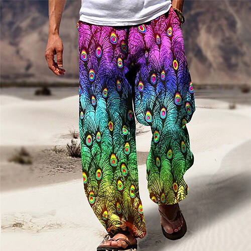 

Plume de paon Décontractées Homme Impression 3D Pantalon Extérieur Plein Air Sortie Polyester Bleu Violet Vert S M L Taille médiale Élasticité Pantalon
