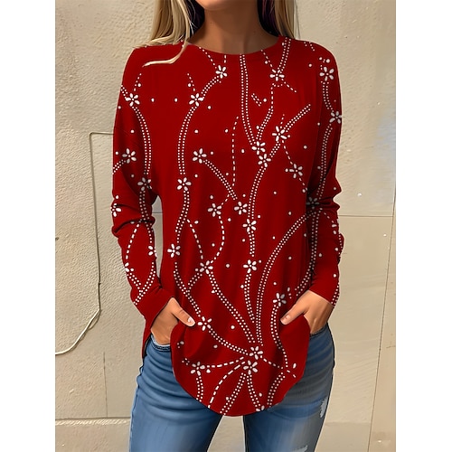 

Women's T shirt Tee Red Blue Purple Floral Print Long Sleeve Holiday Weekend Basic Neon Bright Round Neck Regular Fit Floral Painting Spring Fall