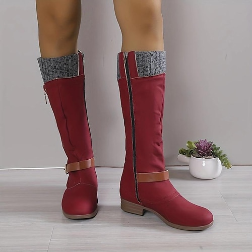 

Damen Stiefel Übergrössen Outdoor Täglich Stiefel mit mittlerer Wade Schnalle Blockabsatz Runde Zehe Vintage Klassisch Brautkleider schlicht PU Reißverschluss Feste Farbe Wein Schwarz Purpur