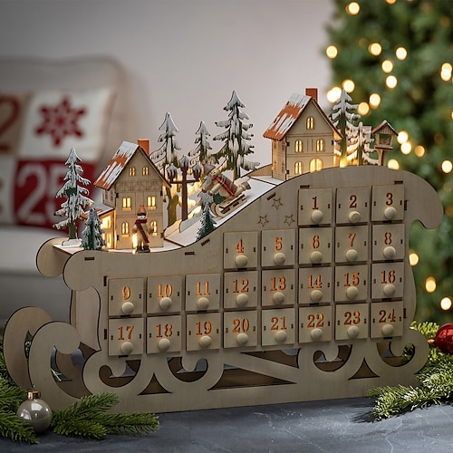 

Рождественский адвент-календарь, световой стол на 2023 год, рождественские деревянные сани, праздничное украшение с ящиком обратного отсчета, деревня, для детей и взрослых, цвет натурального дерева