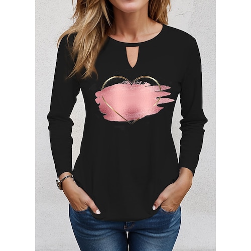 

Mulheres Camiseta Preto Branco Rosa Coração Imprimir Manga Longa namorados Final de semana Moda Decote V Normal Pintura Primavera Outono